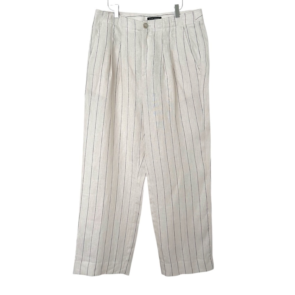 BANANA REPUBLIC Ivory Navy Pleated‎ Linen Pants Pinstripe Wide Leg Euro Summer12